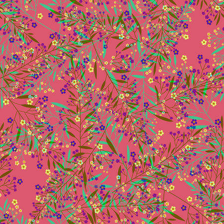 Vivid multicolor summer botanical seamless pattern on a pink coral background Chaotic mixed field, meadow herbs and plants, twigs, branches and leavesの写真素材