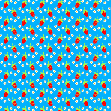 Bright cheerful summer botanical pattern of ripe red strawberries and white flowers on a blue background Rustical, cottage decor, farmhouse, country style Ditsy girl dressの写真素材