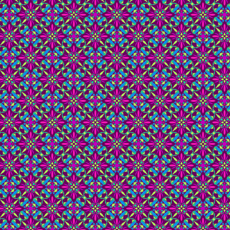 Modern abstract geometric fabric and paper pattern Bold vibrant pink, magenta, yellow, green and blue mosaic motifs on a dark purple backgroundの写真素材
