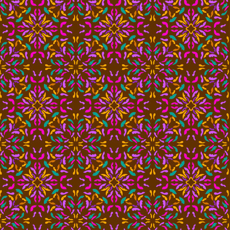 Vivid modern abstract geometric fabric and paper pattern Bold vibrant pink magenta green yellow mosaic motifs on a dark brown backgroundの写真素材