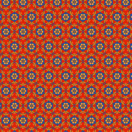 Bright geometric floral fabric and paper pattern in oriental style Bright red blue yellow abstract mosaic floral shapesの写真素材