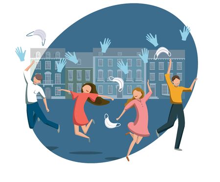 End of pandemic and quarantine. Young woman in the city throws a medical mask into the trash canのイラスト素材