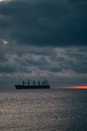 morning view with ships in distance view, early morning landscape featuring ships on horizonの写真素材