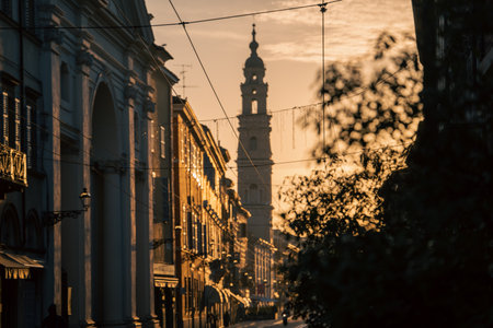 golden hour illuminates historic city street scene, dusk light bathes boulevard with nostalgic...