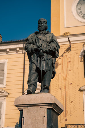 bronze soldier statue in detail, parma closeup of weathered patina and resolute expressionの写真素材