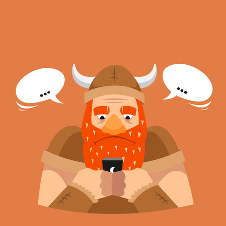 Funny vector illustration. Viking with phoneのイラスト素材