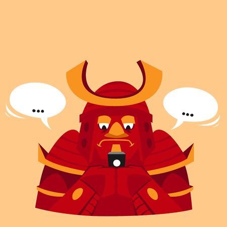 Funny vector illustration. Samurai with phoneのイラスト素材
