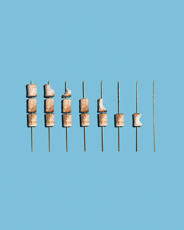Toasted marshmallows skewered on a blue background. Step-by-step eaten portion.