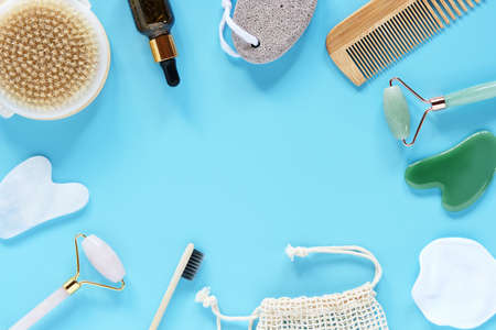 tools for daily care. Reusable Discs, Cream Jar, Bamboo Toothbrush, Fluffy Sleep Mask, Roller Quartz...
