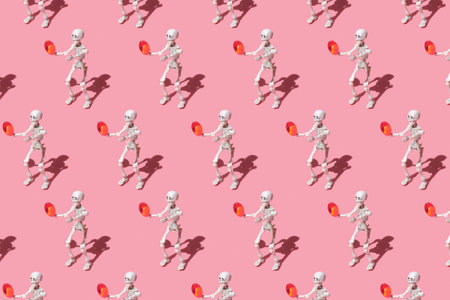 pattern from human skeleton holds a red headache pill in its hands. A trending image on a pink background for the Halloween celebration. Conceptual image about the dangers of medicines.の写真素材