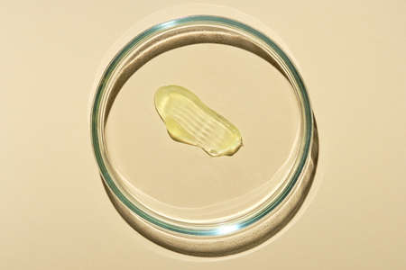 Petri dish on a beige background with a sample of a skin care product. A smear of green cream. Natural care cosmetics.の写真素材