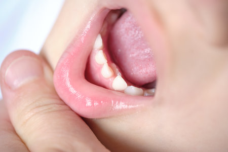 Open mouth of a child with milk teeth. Teeth in two rows. Shark tooth. The permanent incisors grew before the milk teeth fell out.の写真素材