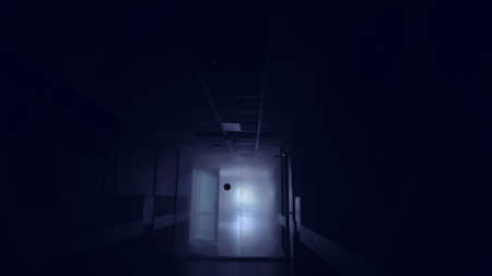 A deserted dark corridor, covered with plastic sheeting with a large black dot, no passage