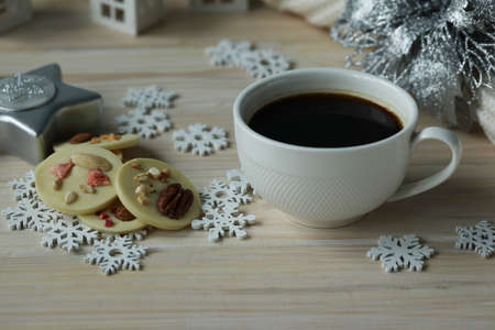 cup of coffee with christmas decorationの写真素材
