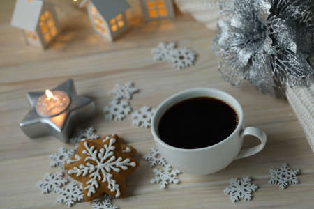 cup of coffee with christmas cookies and decorationの写真素材