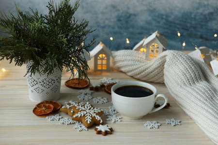 cup of coffee with christmas cookies and decorationの写真素材
