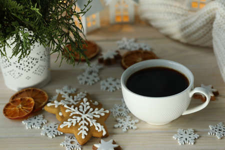 cup of coffee with christmas cookies and decorationの写真素材