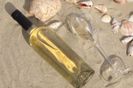 glass of white wine on sand as background with shellsの写真素材