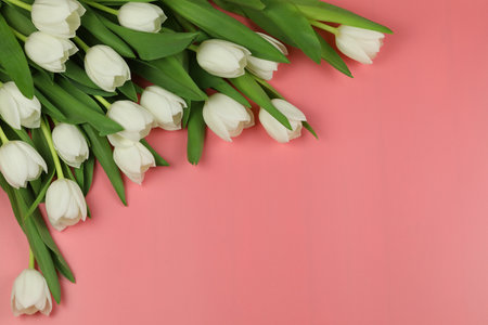 Beautiful bouquet of white tulip flowers with card on pink background, space for textの写真素材