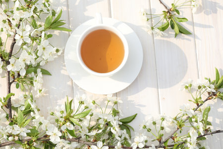 cup of tea with cherry blossom decoration on white wooden background.の写真素材