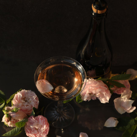 Glass of pink champagne with rose flowers on the black backgroundの写真素材