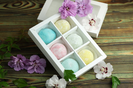 Colorful japanese sweets daifuku or mochi. Sweets close upの写真素材