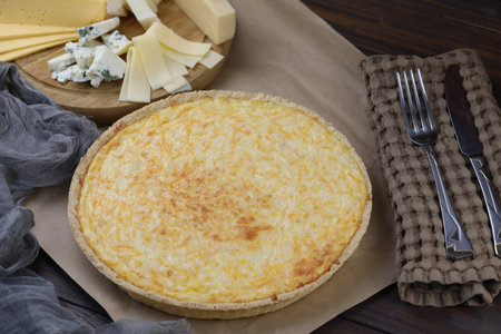 Delicious Quiche pie with four cheese fillingの写真素材