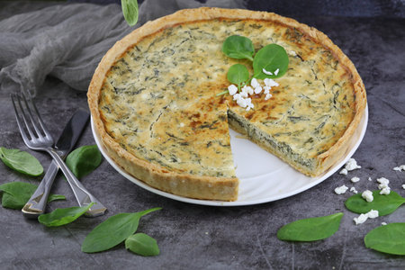 Delicious Quiche pie with cottage cheese and spinach fillingの写真素材