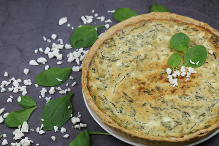 Delicious Quiche pie with cottage cheese and spinach fillingの写真素材