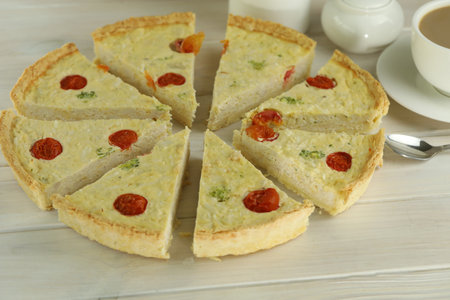 Delicious Quiche pie with chicken and tomatoes fillingの写真素材