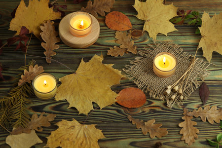 Autumn natural background with leaves and candlesの写真素材