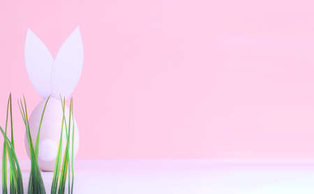 easter egg in the form of a rabbit in the grass on a pink background, sitting back.