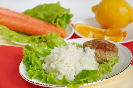 Home cooking, cutlet with rice and vegetablesの写真素材