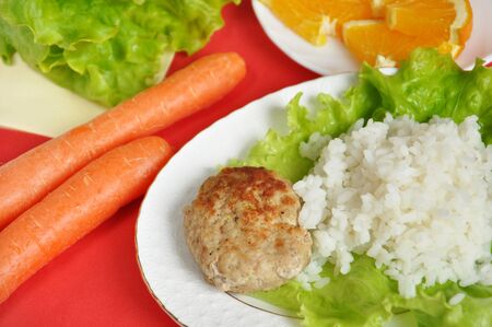 Home cooking, cutlet with rice and vegetablesの写真素材