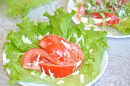 Tomatoes with mayonnaise on lettuce leafの写真素材