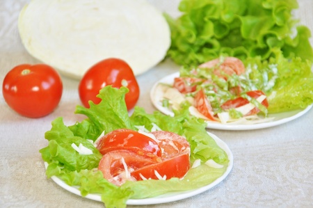 Tomatoes with mayonnaise on lettuce leafの写真素材