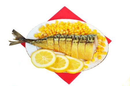 Hot smoked mackerel with lemon and cornの写真素材