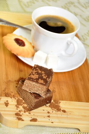 Tasty waffle cake and coffeeの写真素材