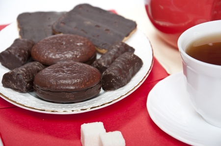 Sweets for tea, biscuits, cakes and chocolatesの写真素材