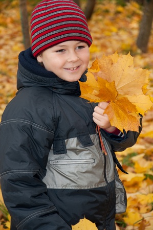 The Boy in the autumn park with a bunch of maple leavesの写真素材