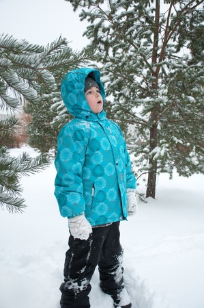 The Boy in the snowy winter parkの写真素材