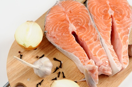 Delicious fresh salmon steakの写真素材