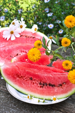 Appetizing ripe watermelon on the tableの写真素材