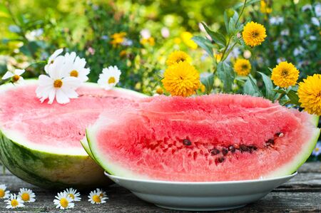 Appetizing ripe watermelon on the tableの写真素材