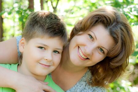 Mother and son outdoorsの写真素材