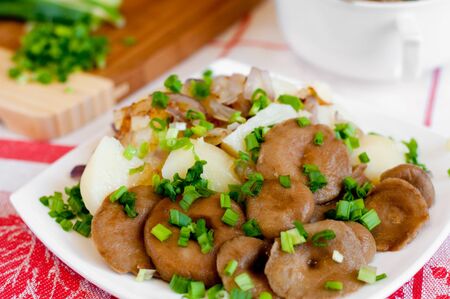 Marinated mushrooms and boiled potatoesの写真素材
