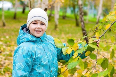 A boy in a birch forest in autumnの写真素材