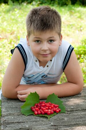 Boy with cherries in the gardenの写真素材
