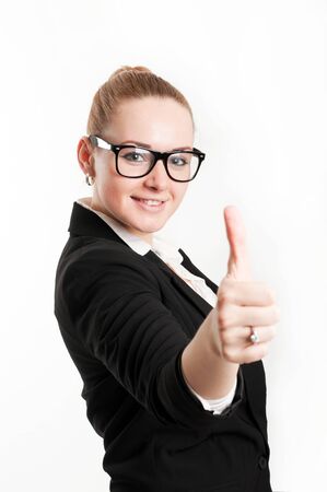 Business woman showing a sign on the fingersの写真素材