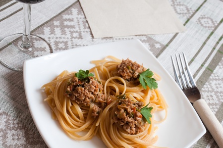Italian pasta with beef in tomato sauceの写真素材